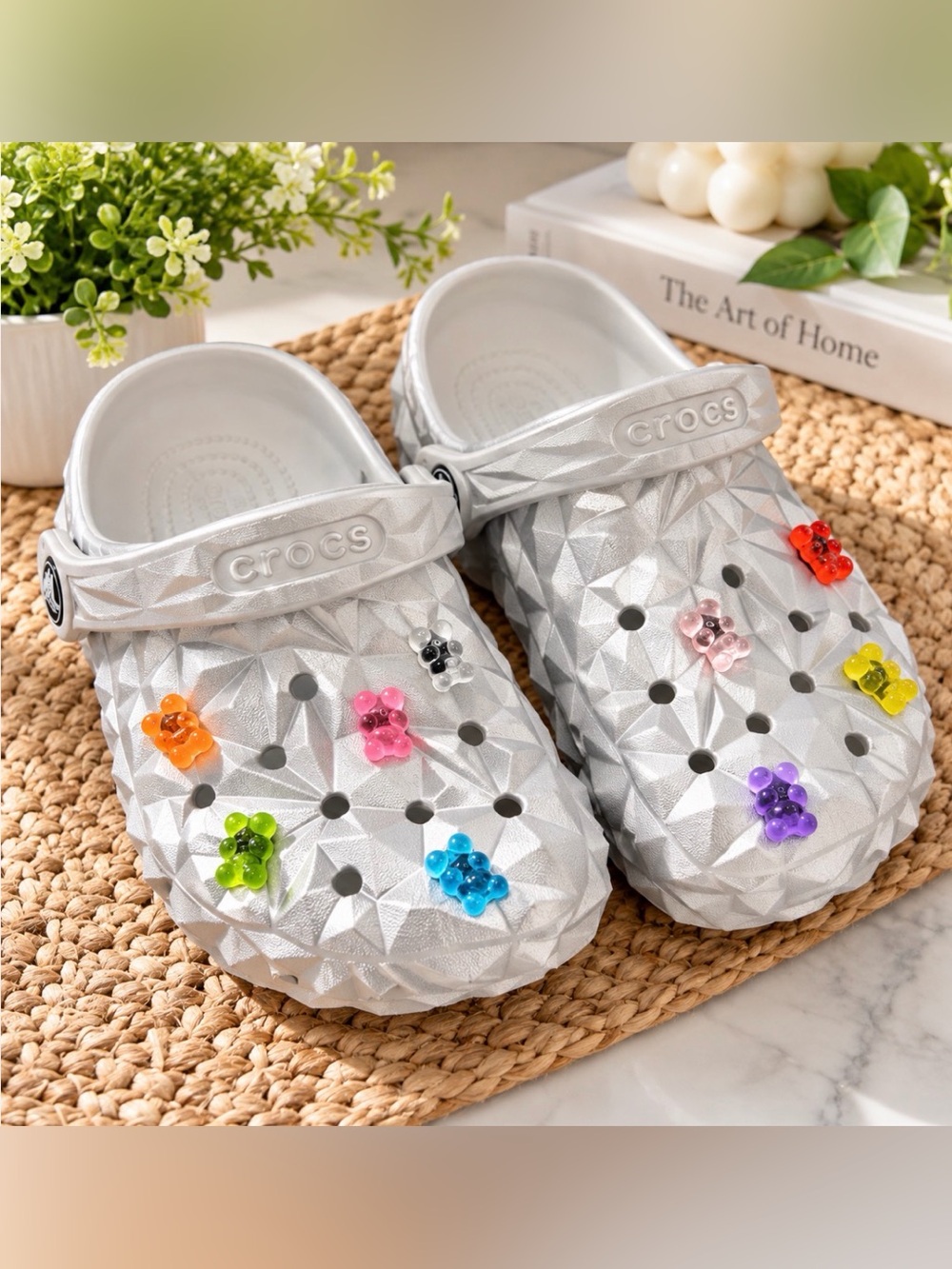 Crocs Silver Metallic Geometric Clogs W5 M3 w/ Gummy Bear Charms